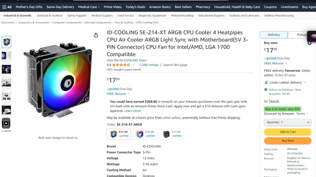 A high-performance ID-Cooling SE-214-XT ARGB CPU cooler with RGB lighting features, designed for efficient cooling in desktop computers.