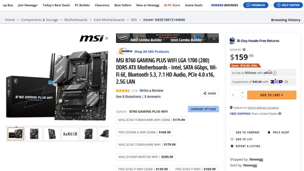 MSI B760 Gaming Plus WiFi motherboard featuring LGA 1700 socket, DDR5 support, and advanced connectivity options.