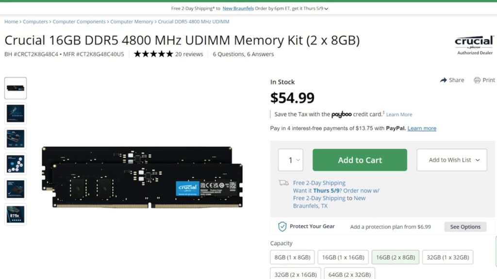 Crucial 16GB DDR5 4800 MHz UDIMM Memory Kit displayed online, highlighting its specifications and pricing.