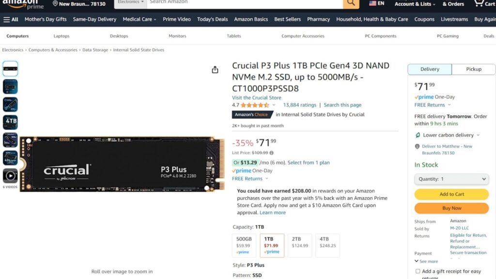 A Crucial P3 Plus 1TB NVMe M.2 SSD displayed on an Amazon product page, showcasing high-speed storage options up to 5000MB/s.