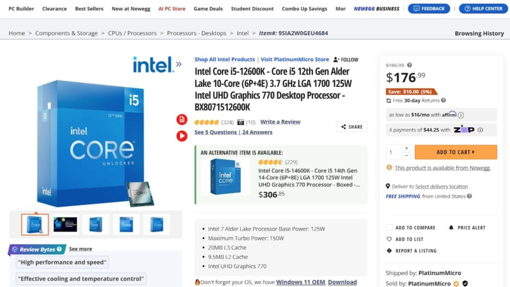 Intel Core i5-12600K processor box showcasing its specifications and features.